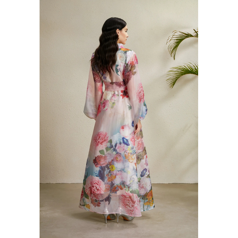 Corsage bandage long lapel autumn printing dress