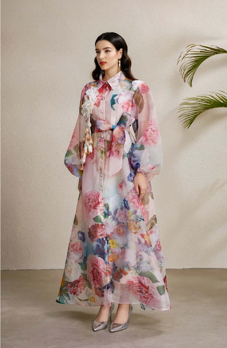 Corsage bandage long lapel autumn printing dress