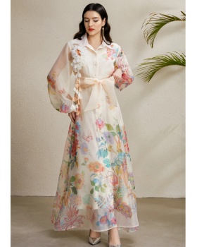 Autumn lapel long corsage bandage printing dress