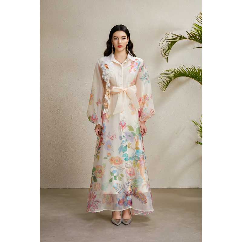 Autumn lapel long corsage bandage printing dress
