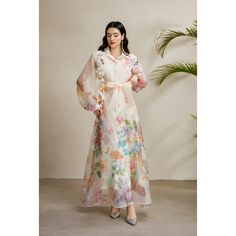 Autumn lapel long corsage bandage printing dress