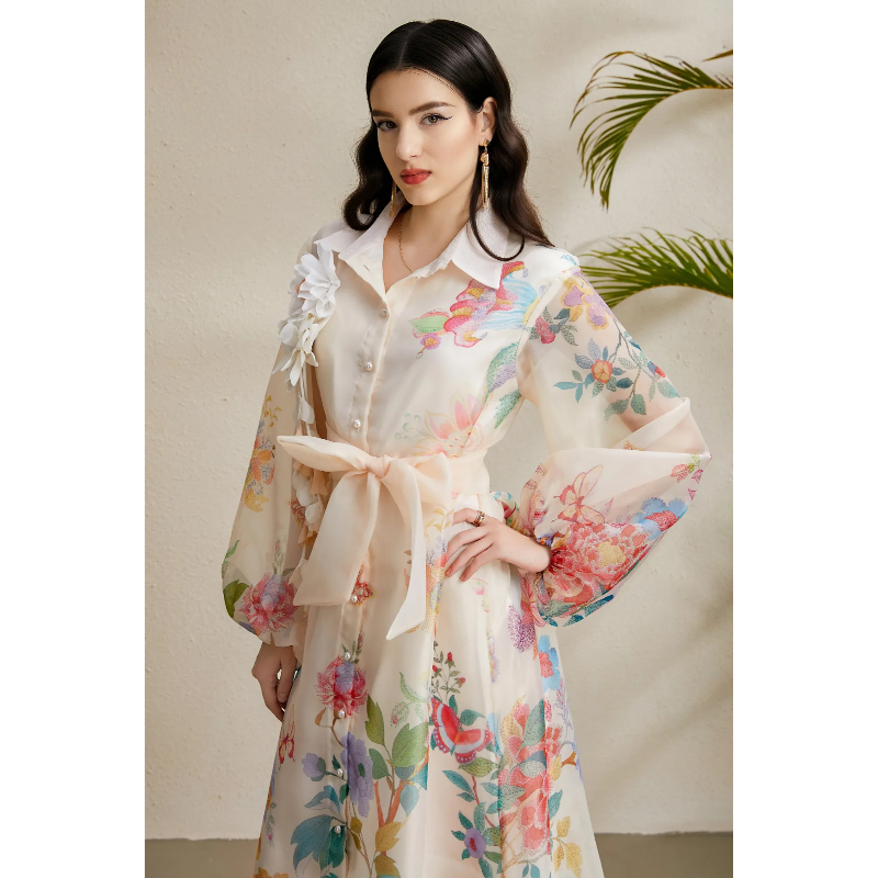 Autumn lapel long corsage bandage printing dress