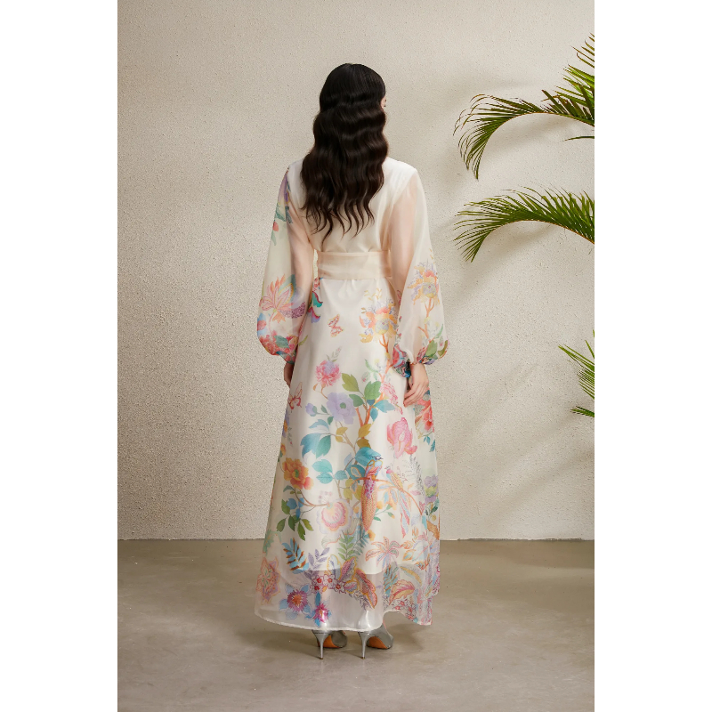 Autumn lapel long corsage bandage printing dress