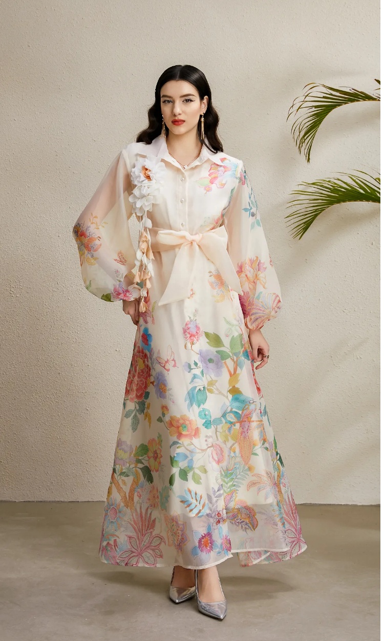Autumn lapel long corsage bandage printing dress