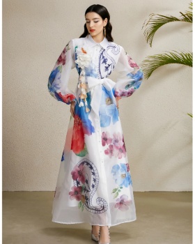 Printing bandage corsage lapel long autumn dress