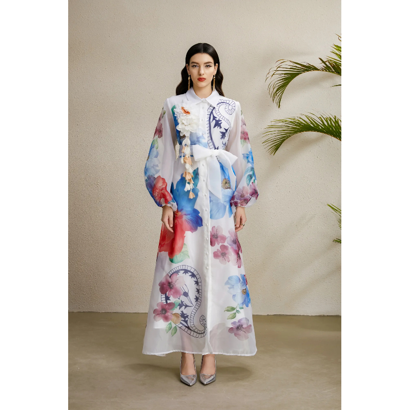 Printing bandage corsage lapel long autumn dress