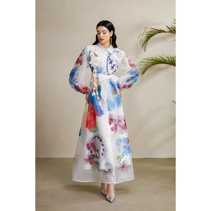 Printing bandage corsage lapel long autumn dress