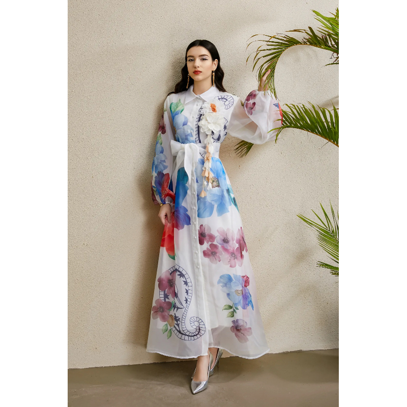 Printing bandage corsage lapel long autumn dress