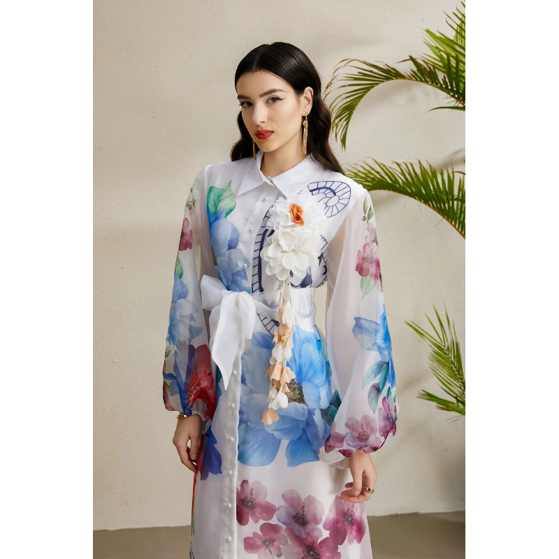 Printing bandage corsage lapel long autumn dress
