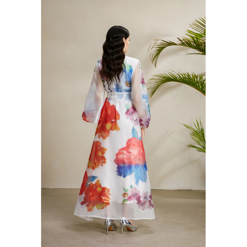 Printing bandage corsage lapel long autumn dress