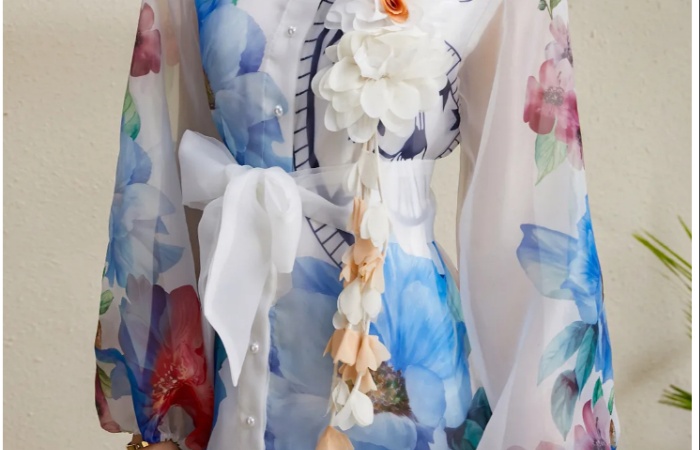 Printing bandage corsage lapel long autumn dress
