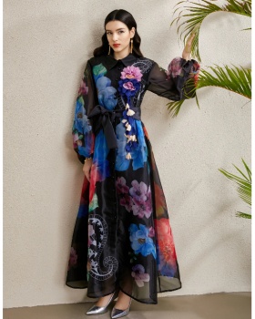 Corsage printing lapel bandage autumn long dress