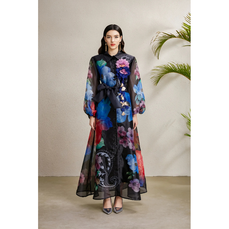 Corsage printing lapel bandage autumn long dress