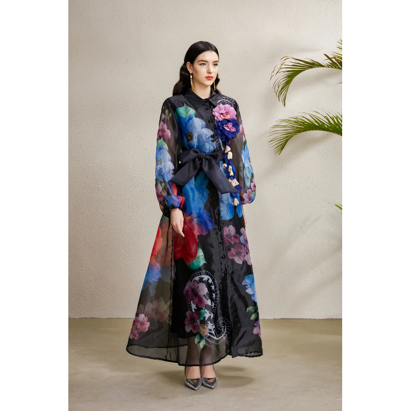 Corsage printing lapel bandage autumn long dress