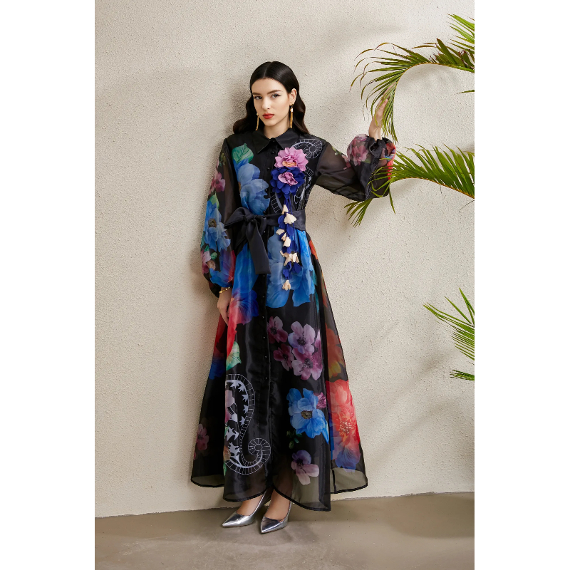 Corsage printing lapel bandage autumn long dress