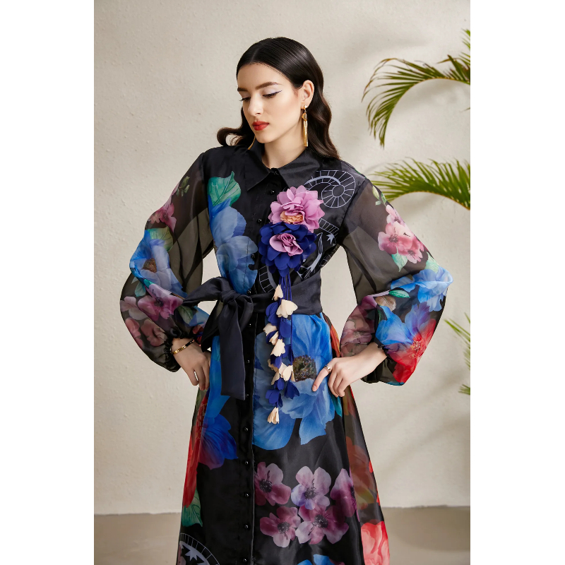 Corsage printing lapel bandage autumn long dress