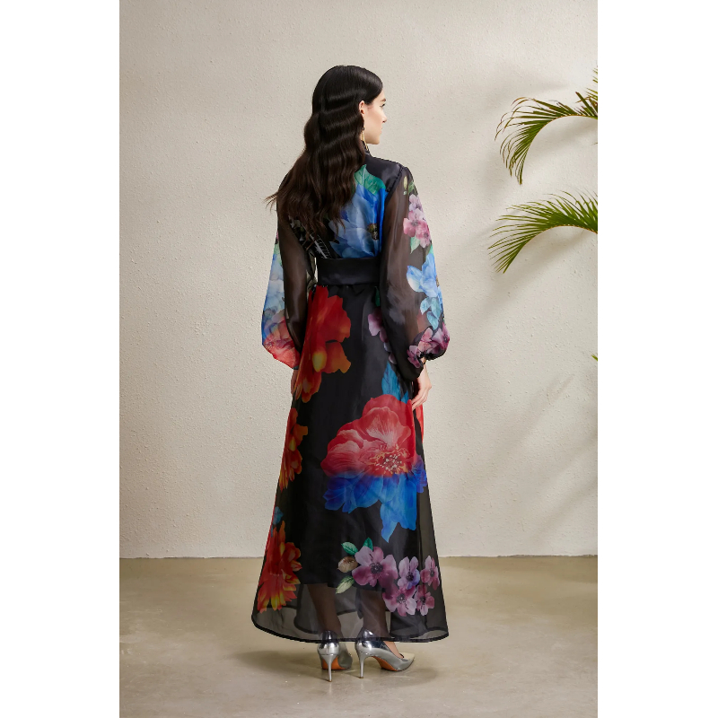 Corsage printing lapel bandage autumn long dress