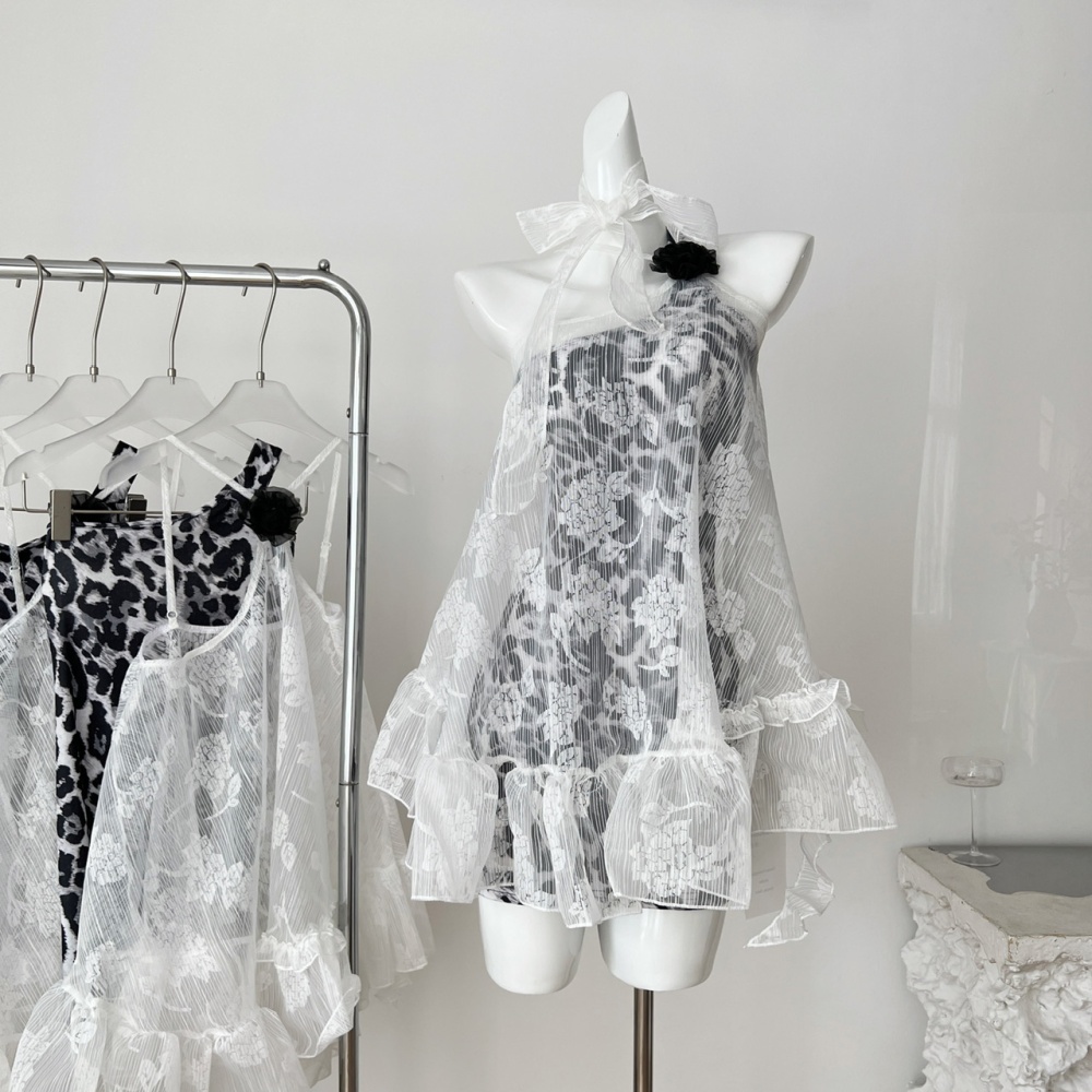 Streamer leopard dress enticement lace smock 2pcs set