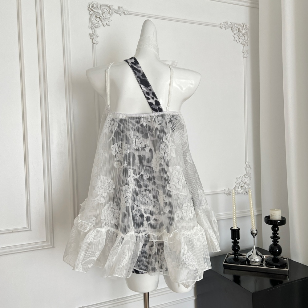 Streamer leopard dress enticement lace smock 2pcs set