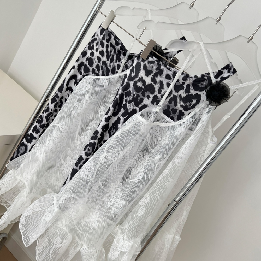 Streamer leopard dress enticement lace smock 2pcs set