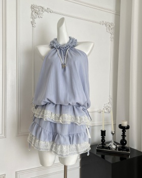 Blue short skirt enticement tops 2pcs set