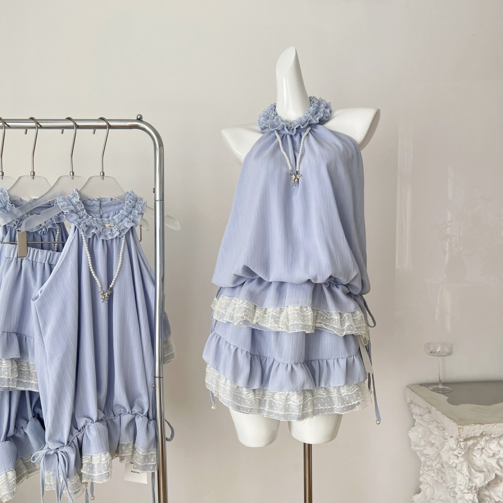 Blue short skirt enticement tops 2pcs set