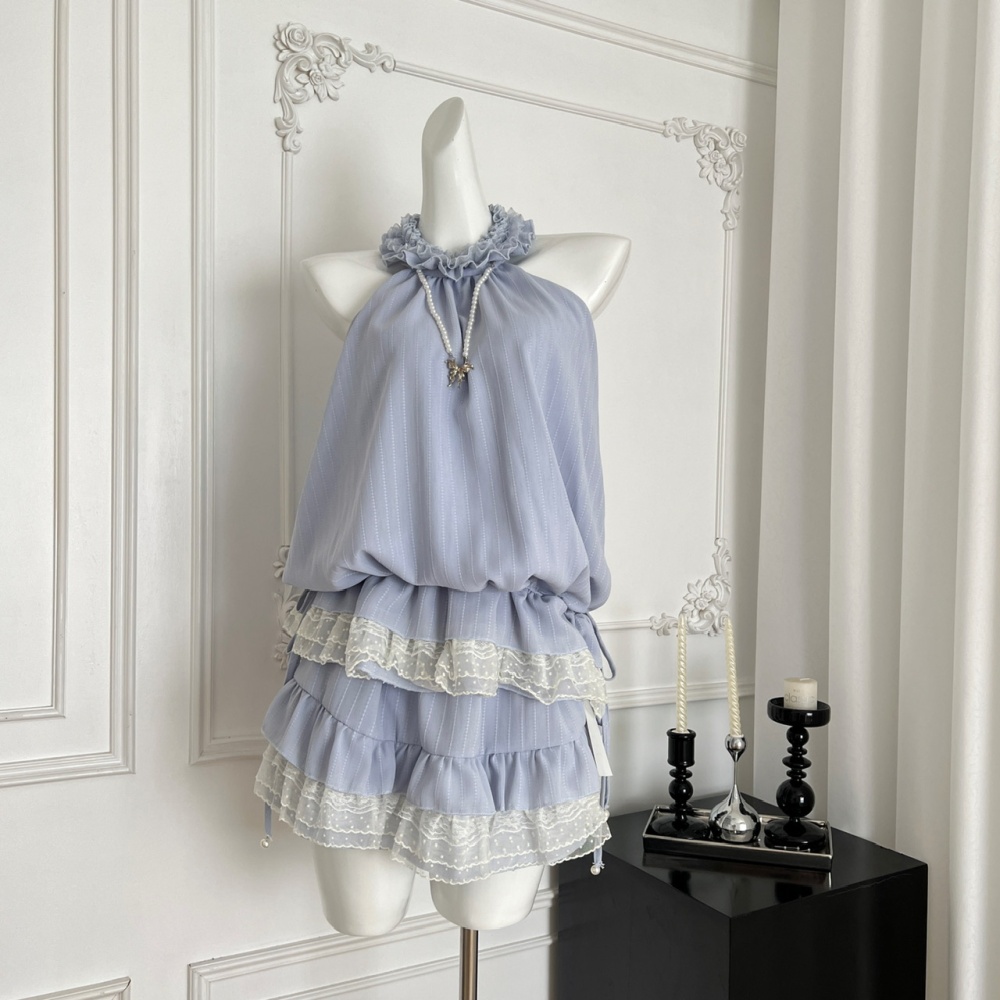 Blue short skirt enticement tops 2pcs set