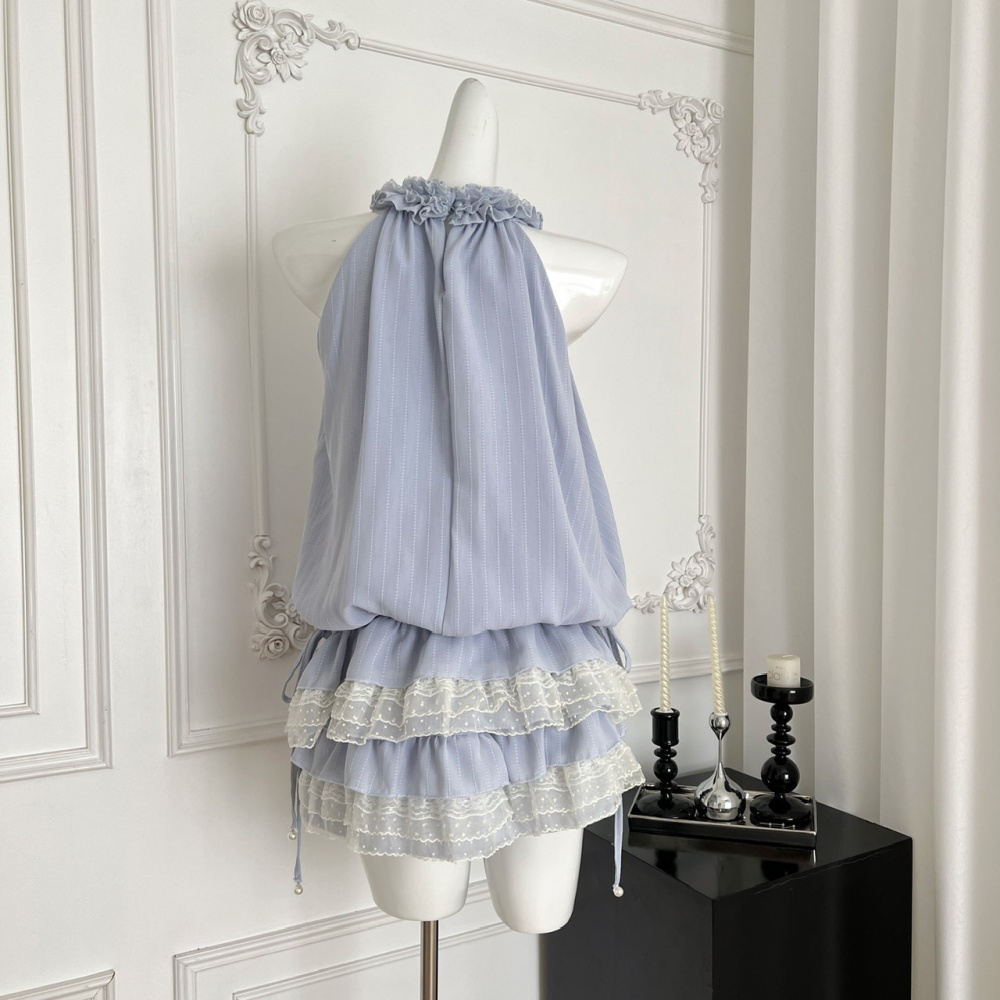 Blue short skirt enticement tops 2pcs set
