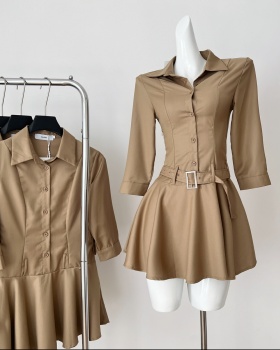 Temperament slim pinched waist shirt frenum pleated dress