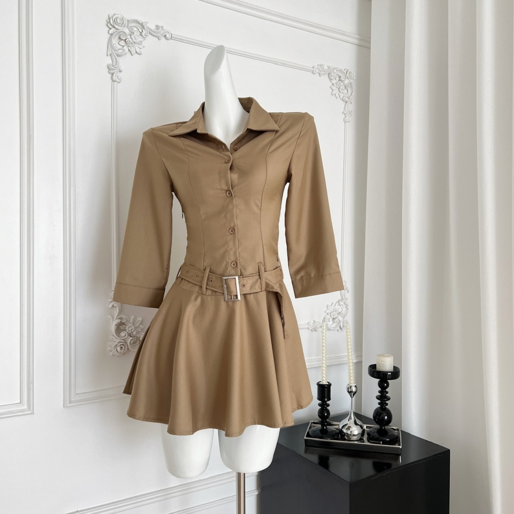 Temperament slim pinched waist shirt frenum pleated dress