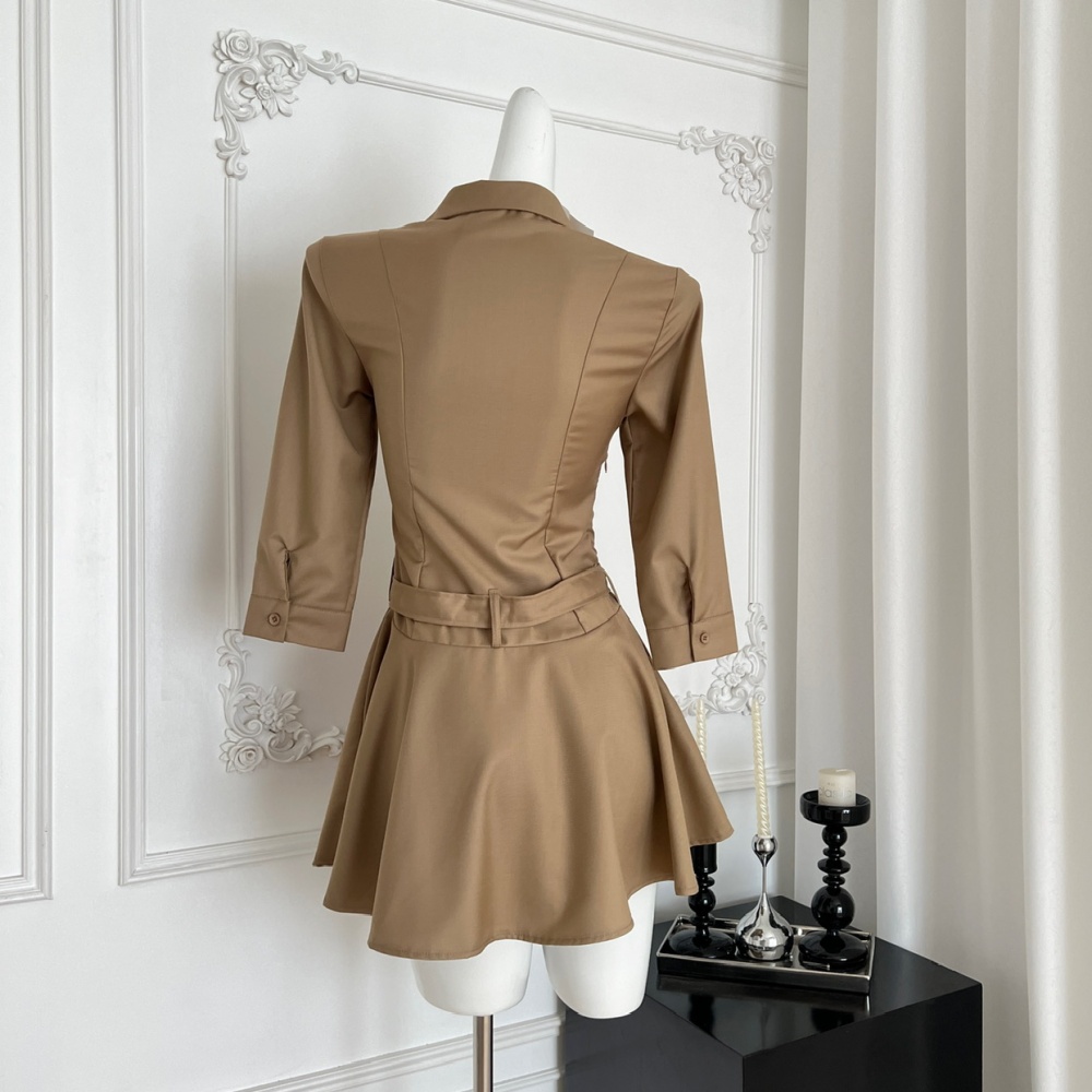 Temperament slim pinched waist shirt frenum pleated dress