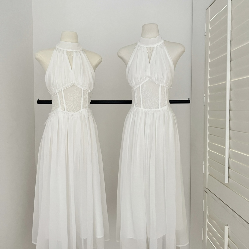 Halter streamer silk dress white real silk long dress