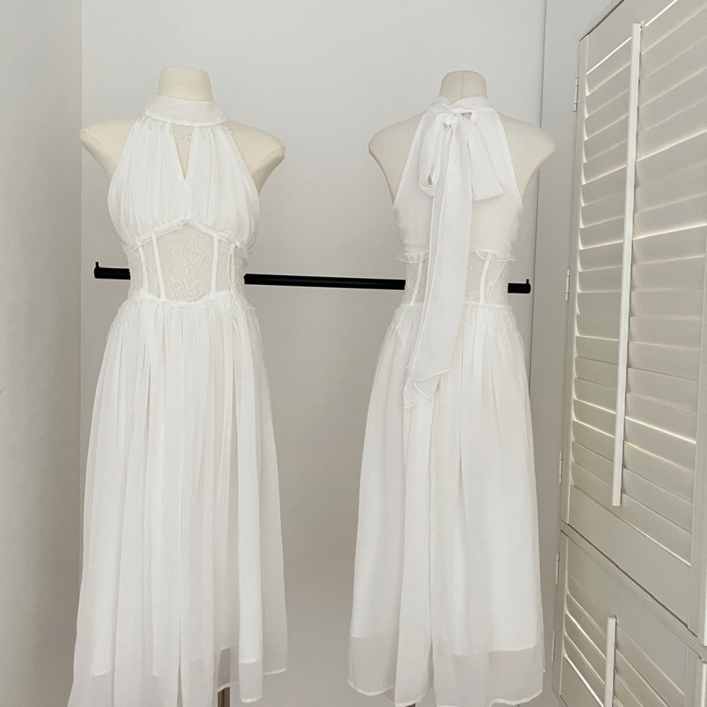 Halter streamer silk dress white real silk long dress