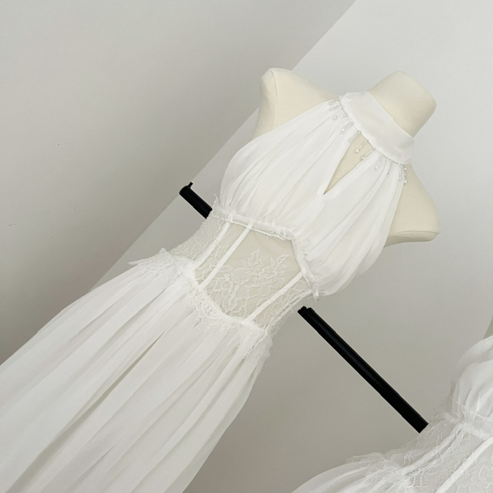 Halter streamer silk dress white real silk long dress