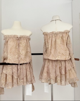 Pinched waist with belt lotus leaf edges tender dress