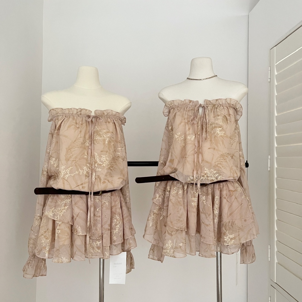 Pinched waist with belt lotus leaf edges tender dress
