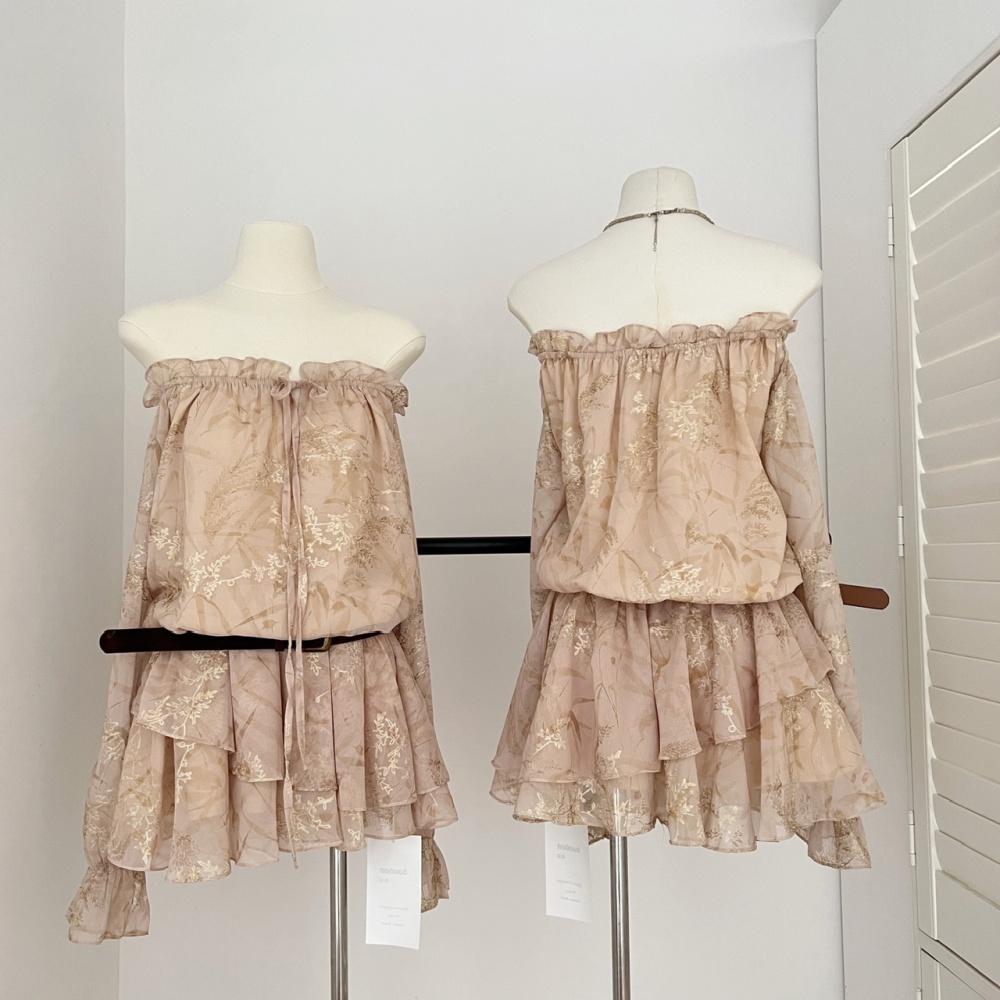 Pinched waist with belt lotus leaf edges tender dress