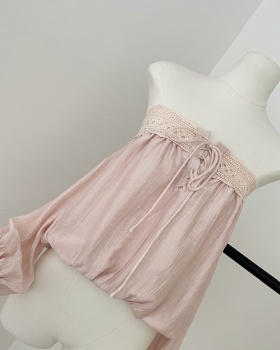 Frenum pink flat shoulder splice halter long sleeve tops