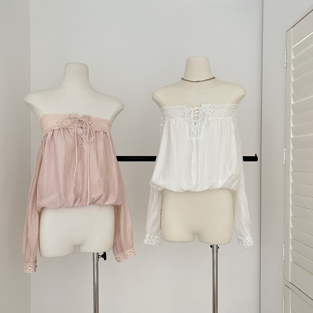 Frenum pink flat shoulder splice halter long sleeve tops