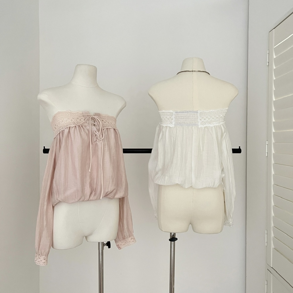 Frenum pink flat shoulder splice halter long sleeve tops