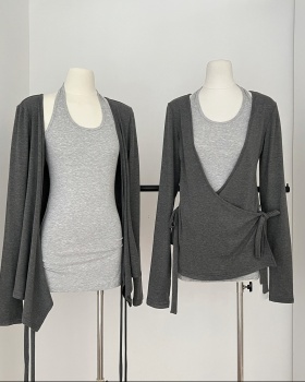 V-neck knitted dress long sleeve halter vest a set