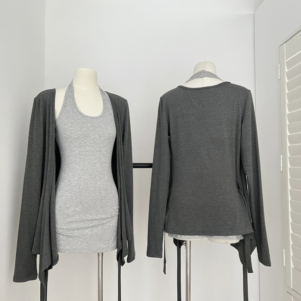 V-neck knitted dress long sleeve halter vest a set