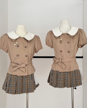 Slim short sleeve tops pleated skirt a set