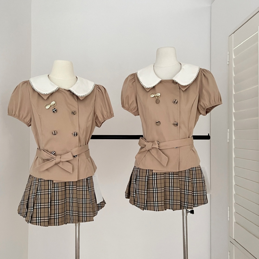 Slim short sleeve tops pleated skirt a set
