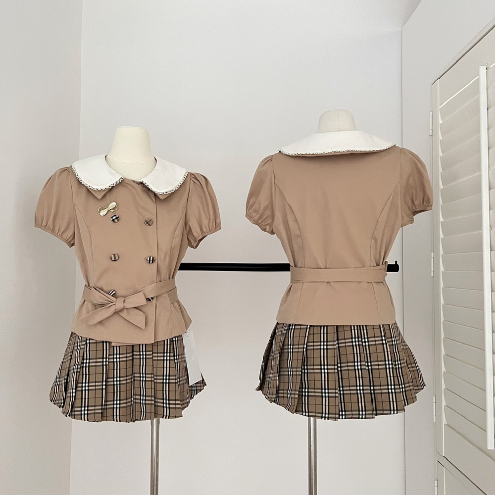 Slim short sleeve tops pleated skirt a set