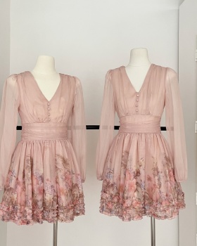 V-neck long sleeve pinched waist colors slim dress