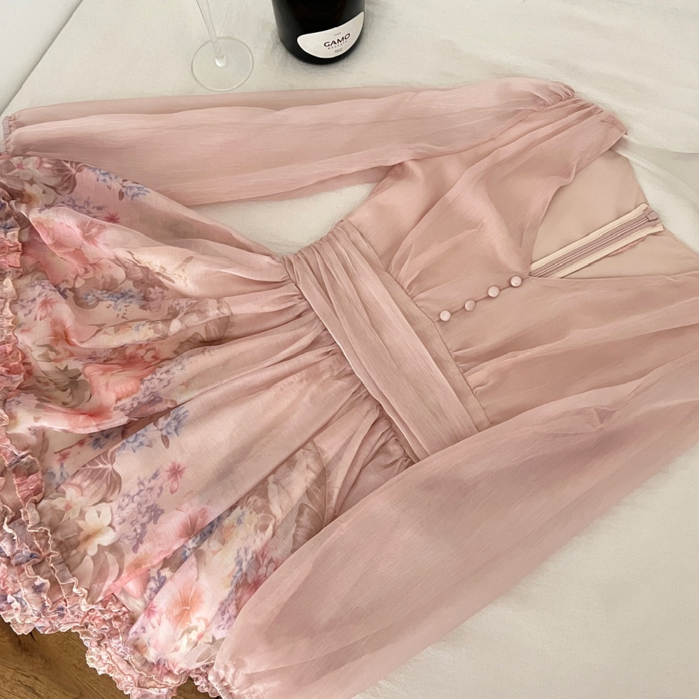V-neck long sleeve pinched waist colors slim dress
