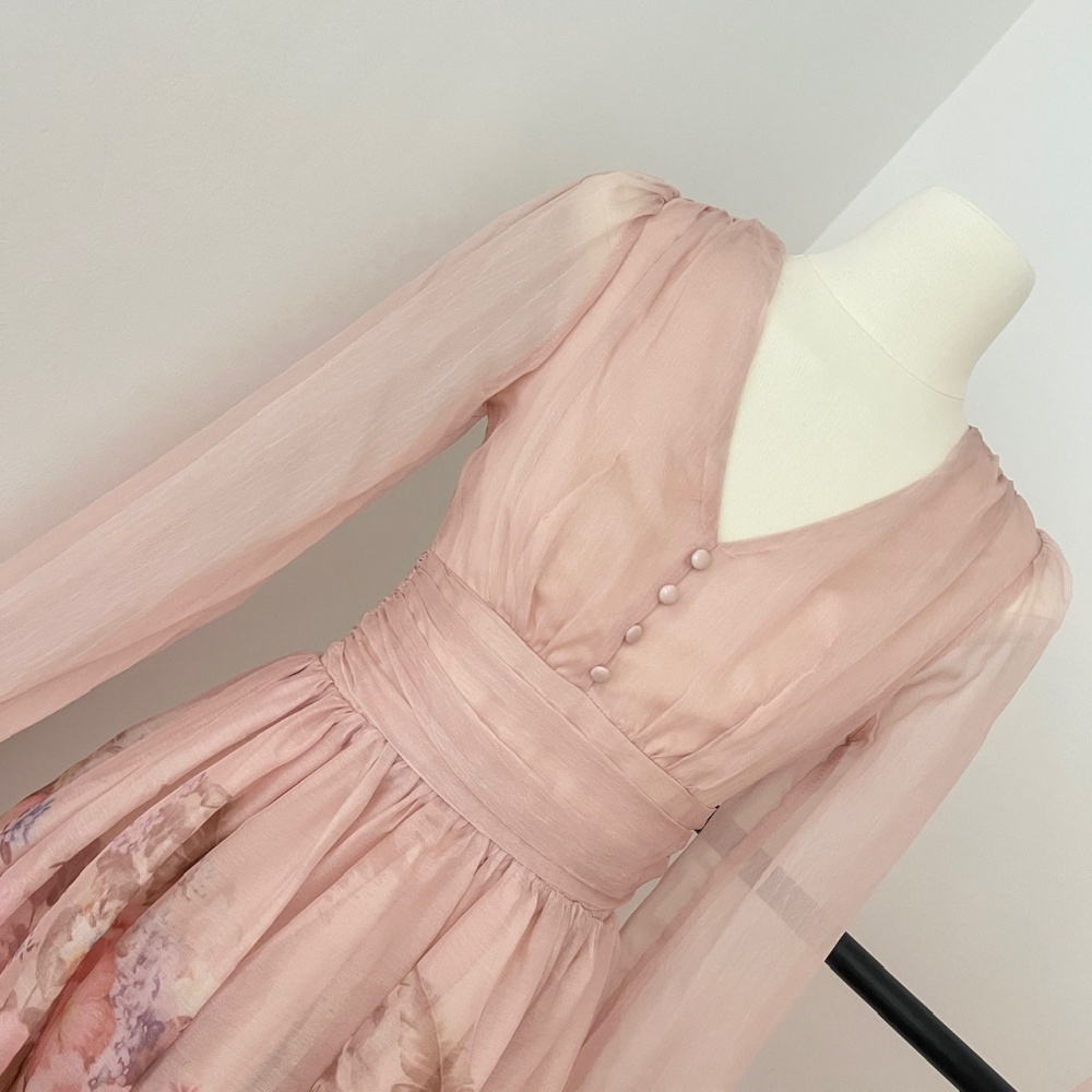 V-neck long sleeve pinched waist colors slim dress