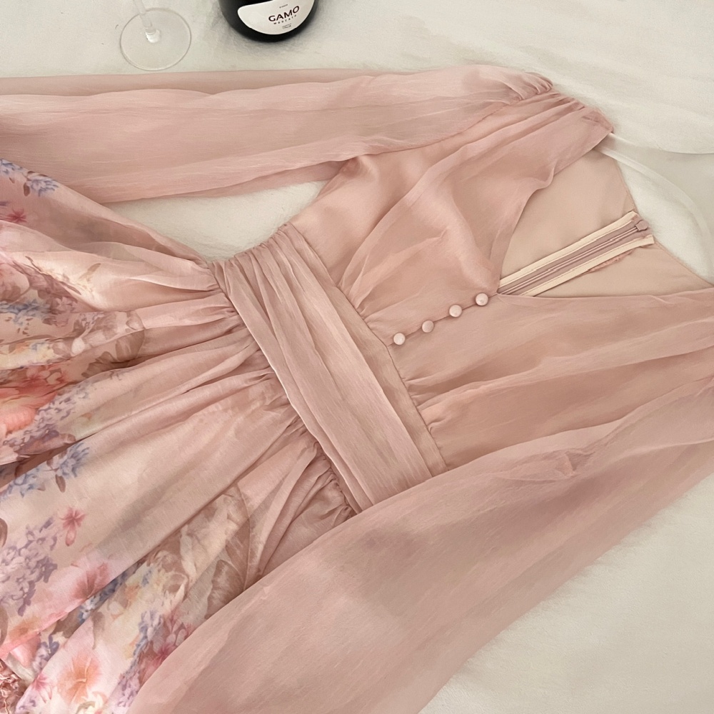 V-neck long sleeve pinched waist colors slim dress