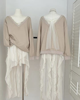 Bow autumn V-neck splice gauze hoodie
